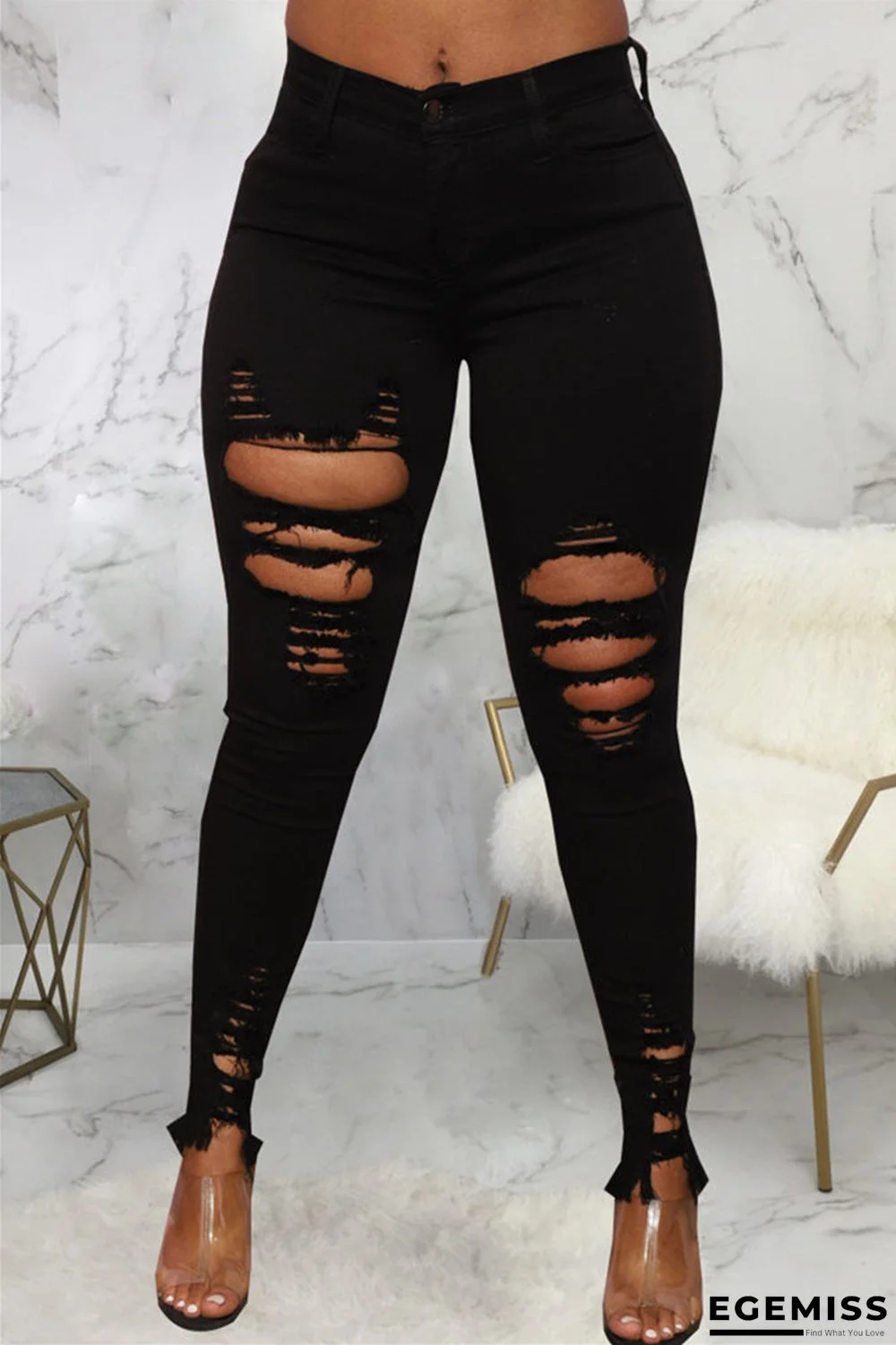 Black Fashion Casual Solid Ripped Patchwork High Waist Skinny Denim Jeans | EGEMISS