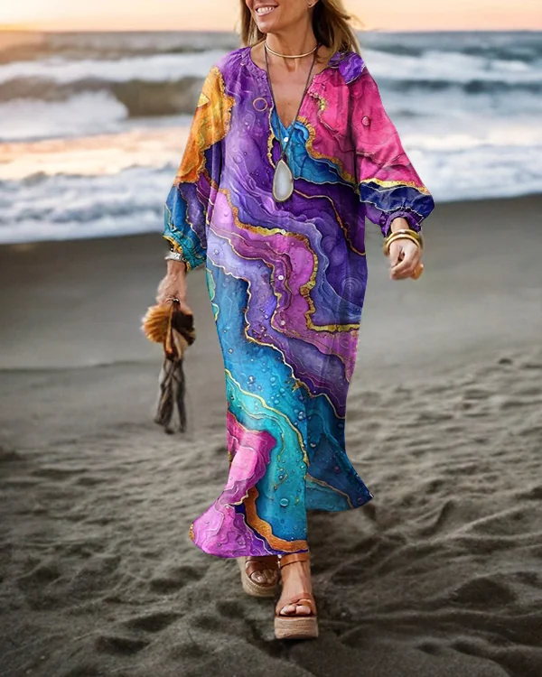 Vintage Abstract Art Long Sleeve Cardigan Dress