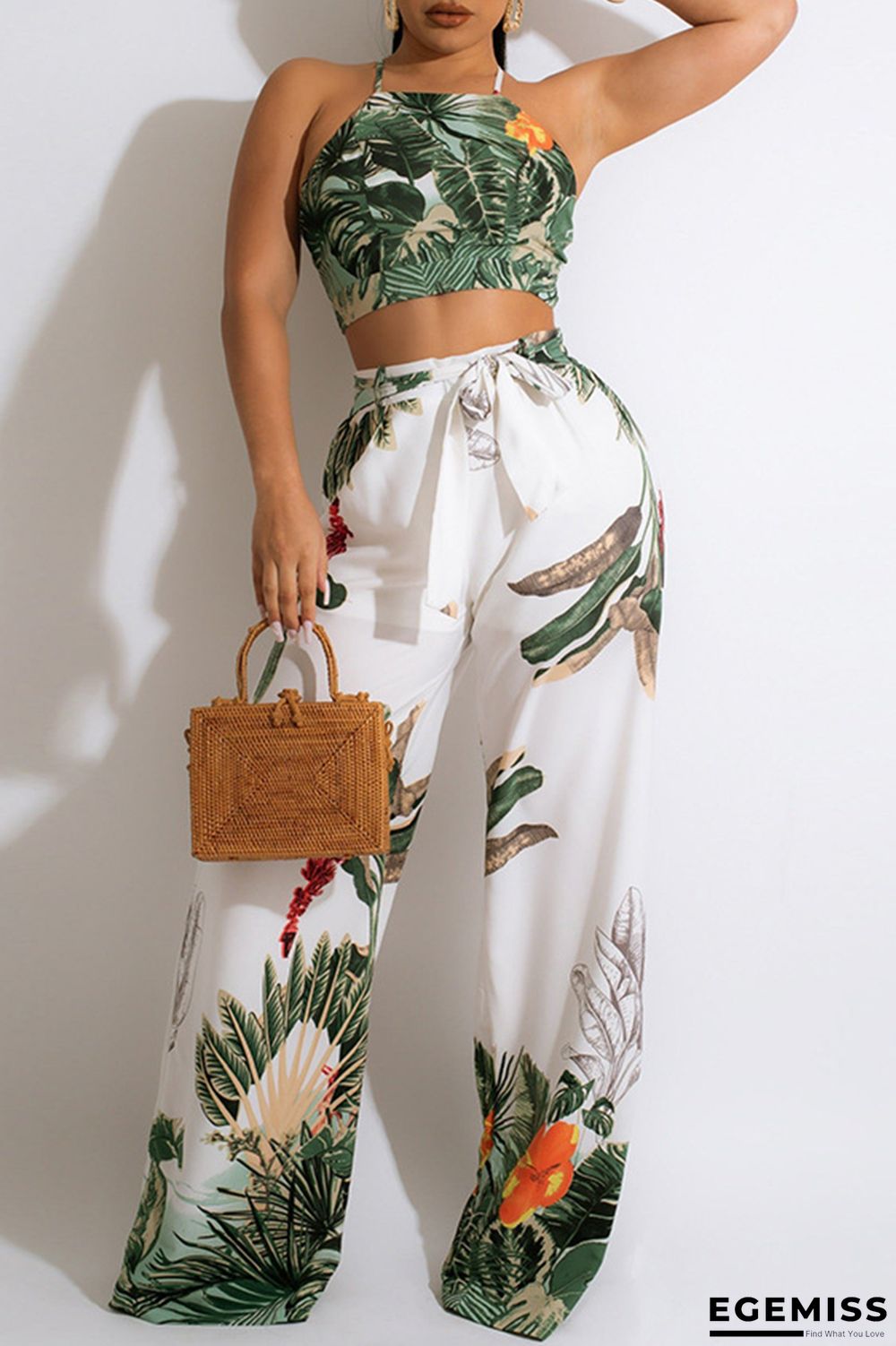 White Sexy Casual Print Bandage Backless Spaghetti Strap Sleeveless Two Pieces | EGEMISS