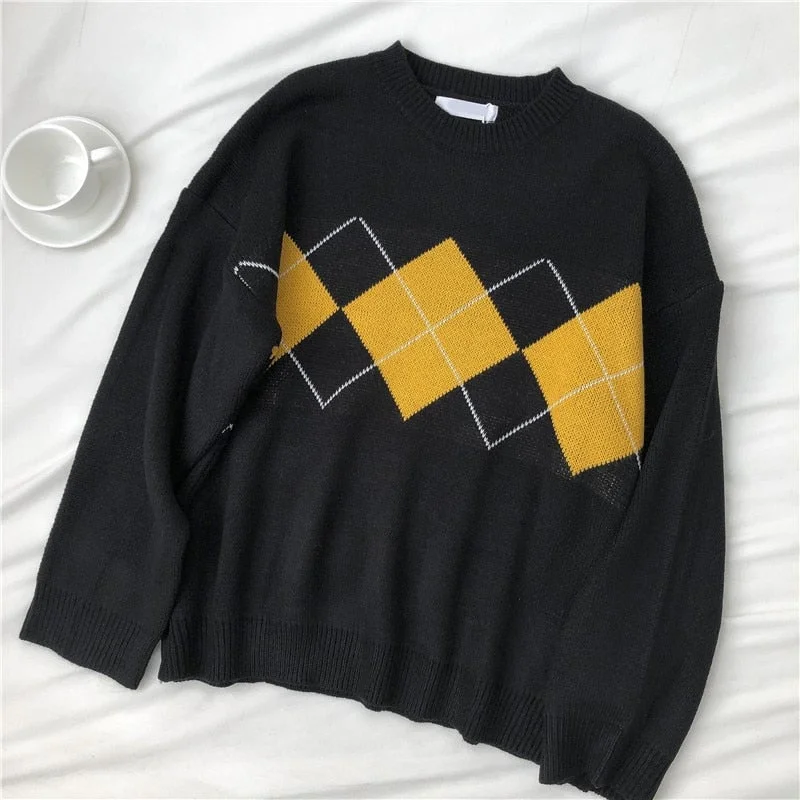 Women Argyle Knitted Sweater Autumn Winter O-Neck Oversized Pullovers Korean Preppy Style Loose Jumper Female Casual Sweaters
