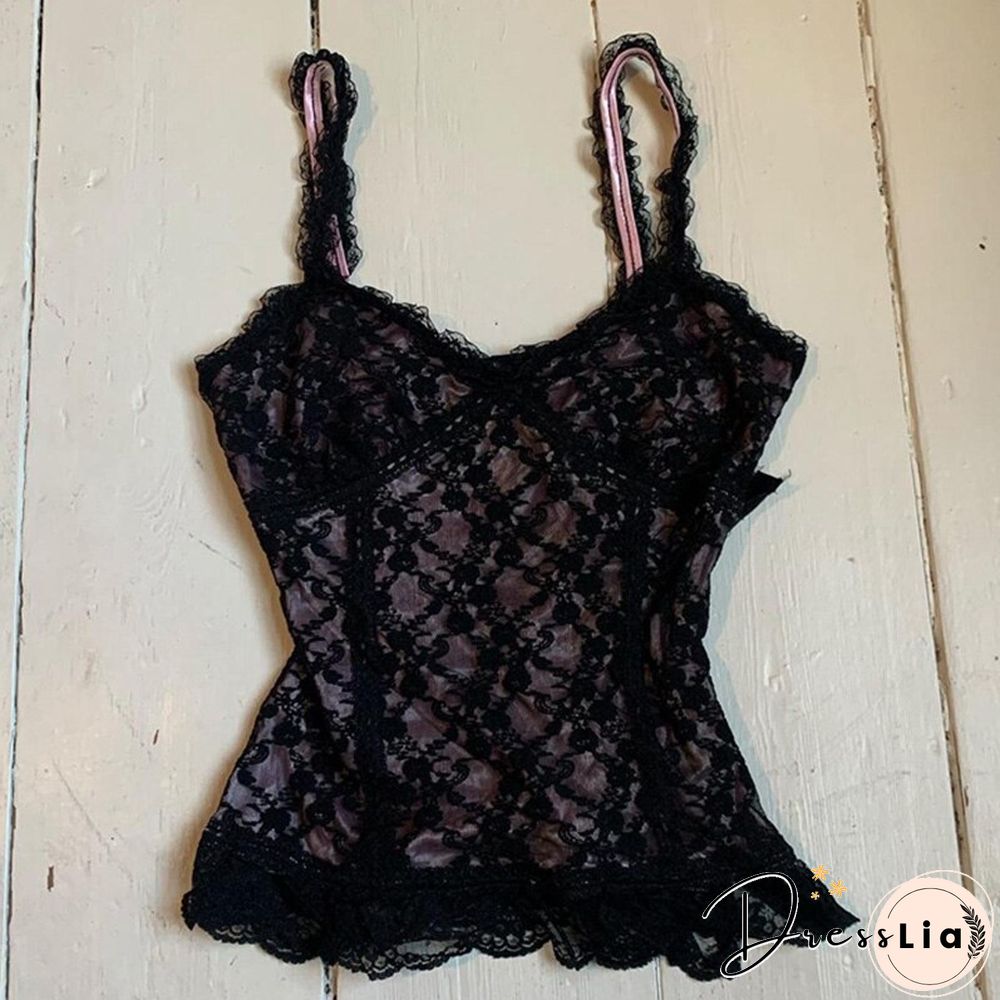 Grunge Fairy Core Crop Top Vintage Aesthetic Women V Neck Lace Camisole E Girl Tanks Punk Cyber Y2k Gothic Camis