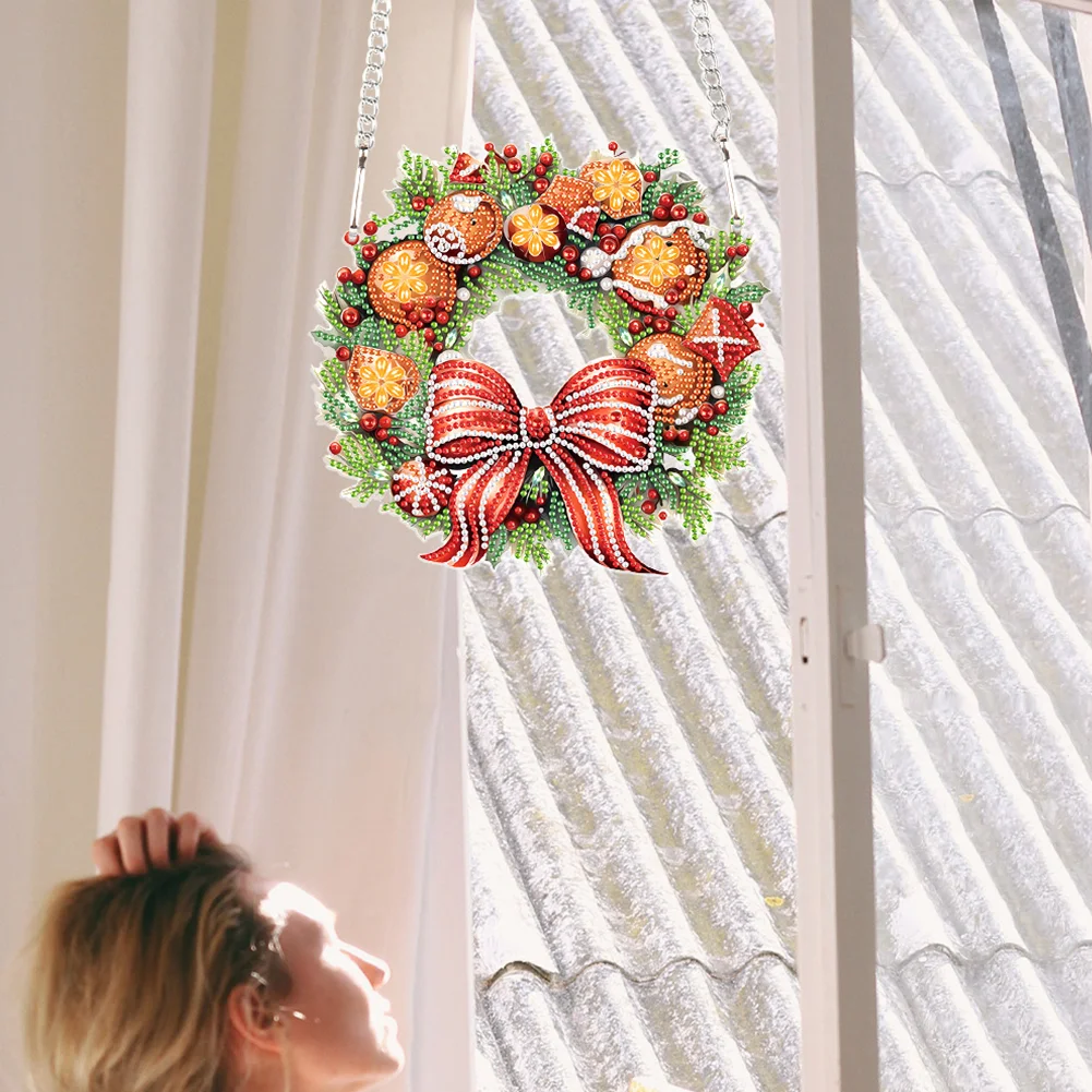 DIY Christmas Wreath Acrylic Special Shaped+Round Diamond Painting Wreath Ornament for Xmas Wall Decor