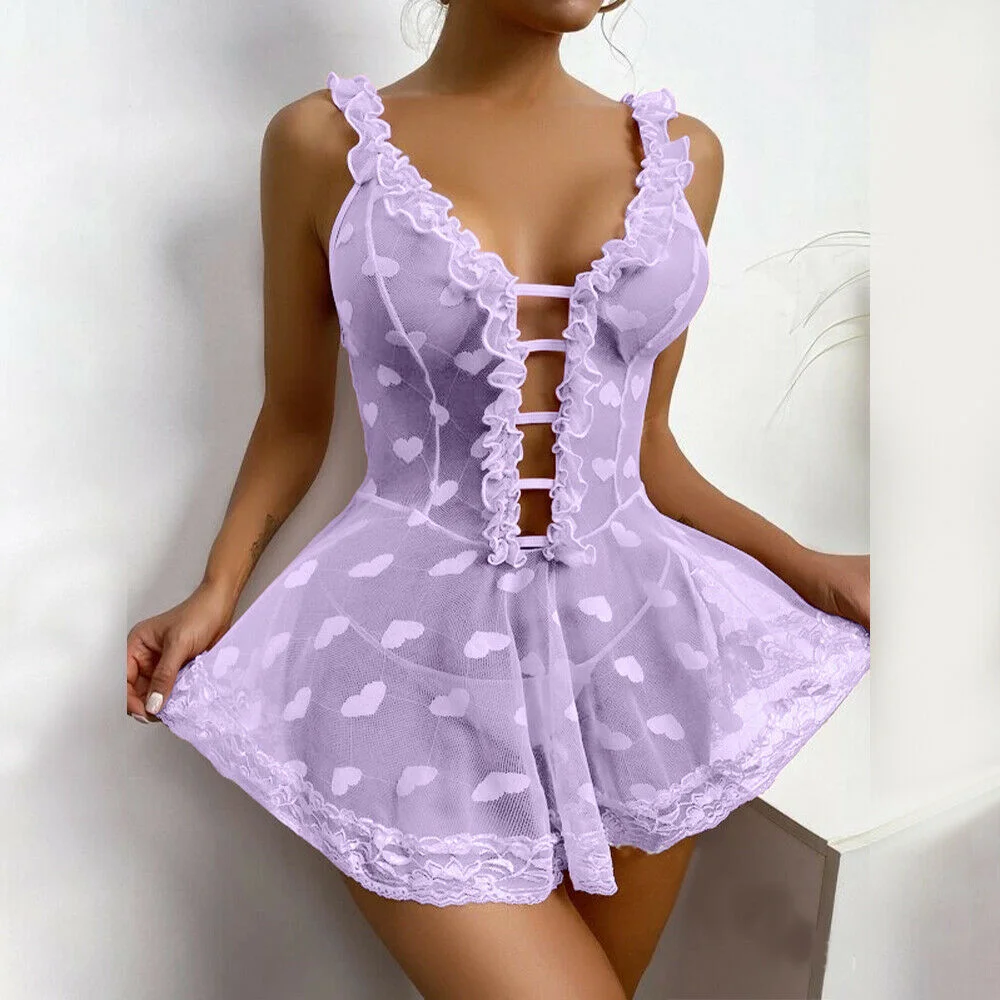 ECTOOKO Sexy Lingerie Women Lace Babydoll Nightdress G-String Underwear Sleepwear Dress