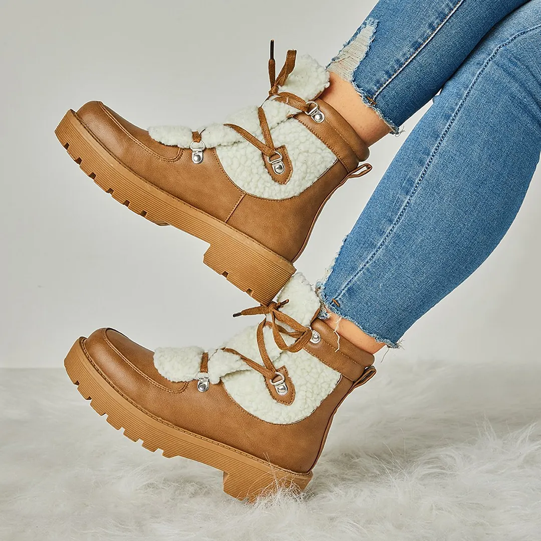 Women Faux Shearling Stiching Lace Up Snow Boots