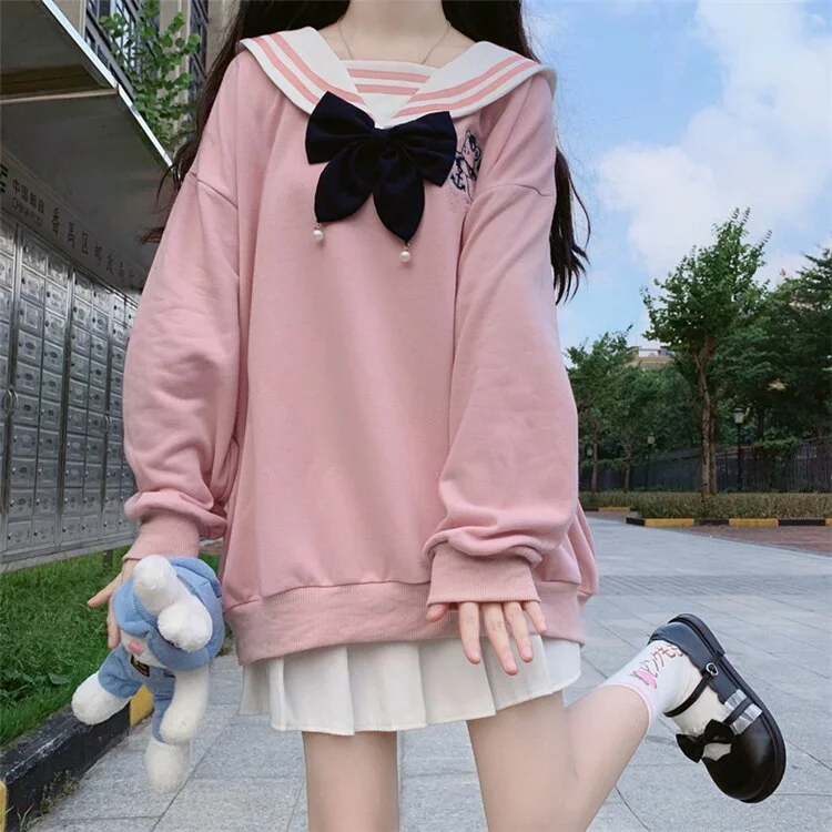 Hoodies and Sweatshirts Women Sweety Kawaii Loose Autumn Winter Hoodies Casual Oversize Pullovers Sailor Collar Bow Sweatshirts