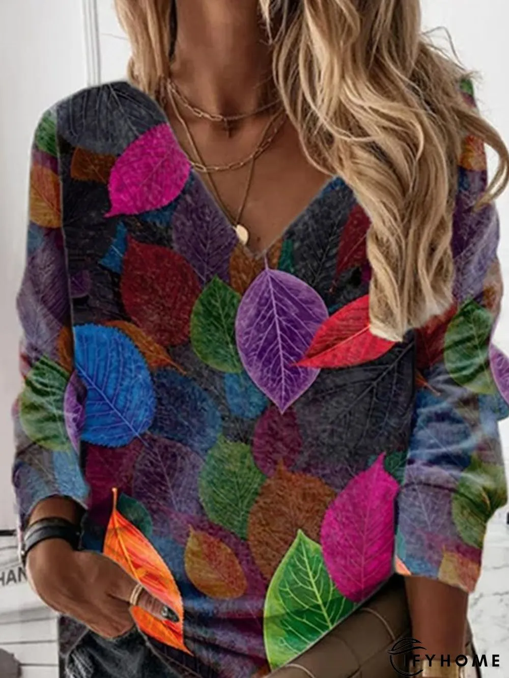 Leaves Printed Casual V Neck Tops | IFYHOME