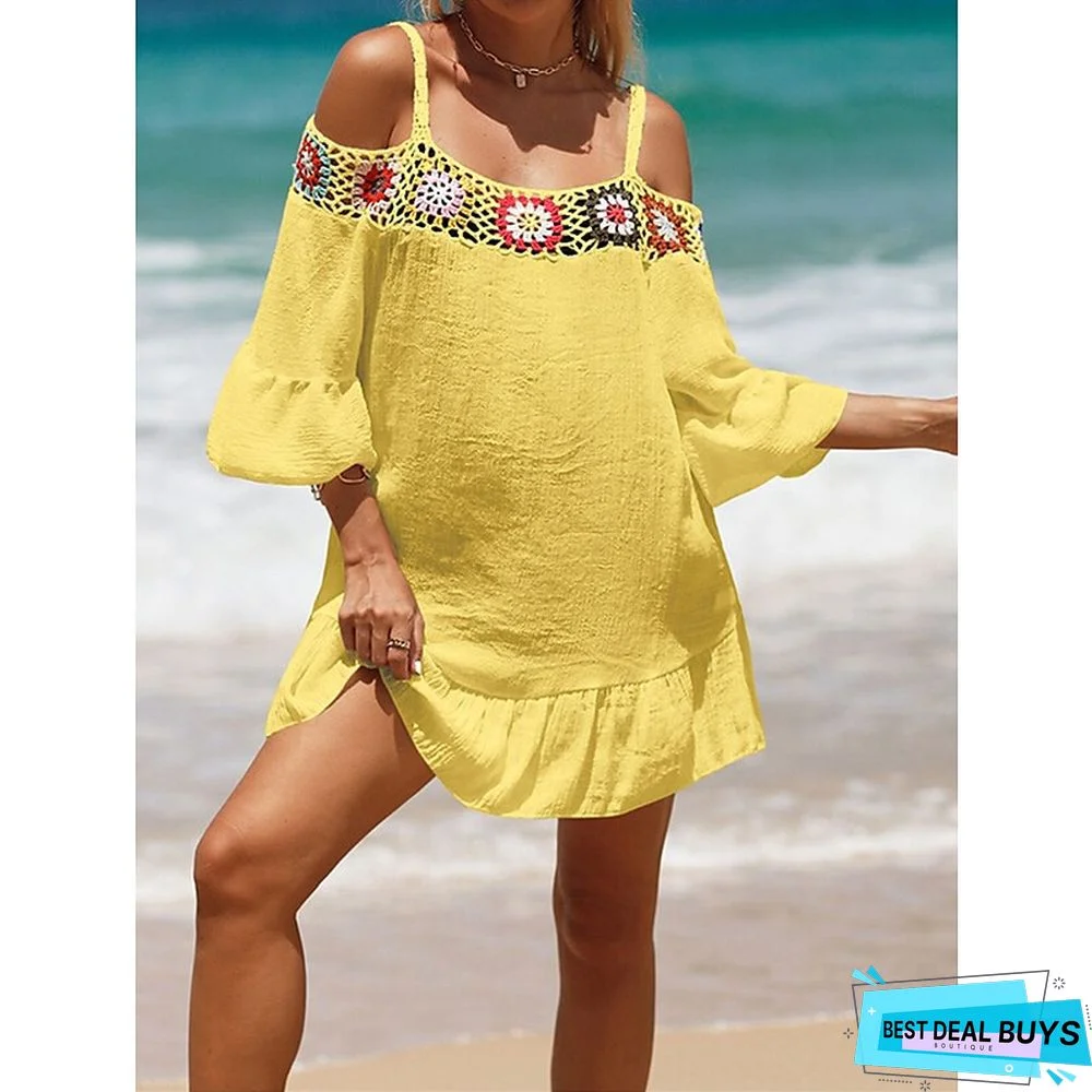 Women's Cover Up Beach Dress Beach Wear Mini Dress Ruffle Backless Ethnic Casual Floral Spaghetti Strap 3/4 Length Sleeve Loose Fit Outdoor Daily Black White 2023 Spring Summer One Size