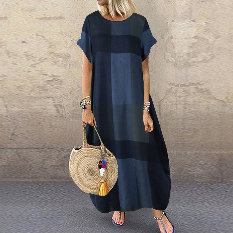 Fashion Summer Check Maxi Dress ZANZEA 2022 Women's Baggy Sundress Casual Short Sleeve Vestidos Female Plaid Robe