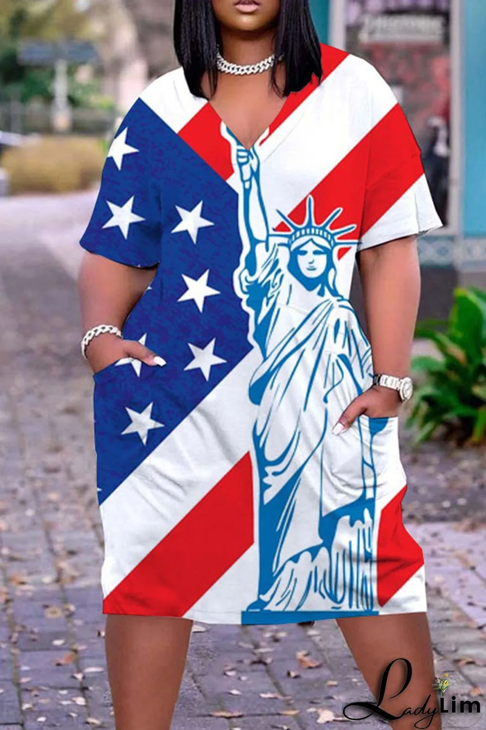 Deep Blue Casual Print Patchwork V Neck Dresses