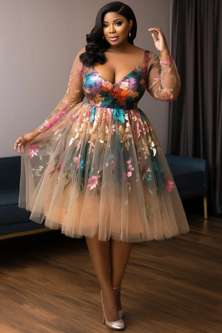 Xpluswear Design Plus Size Cocktail Party Multicolor V Neck Long Sleeve Tulle Midi Dresses