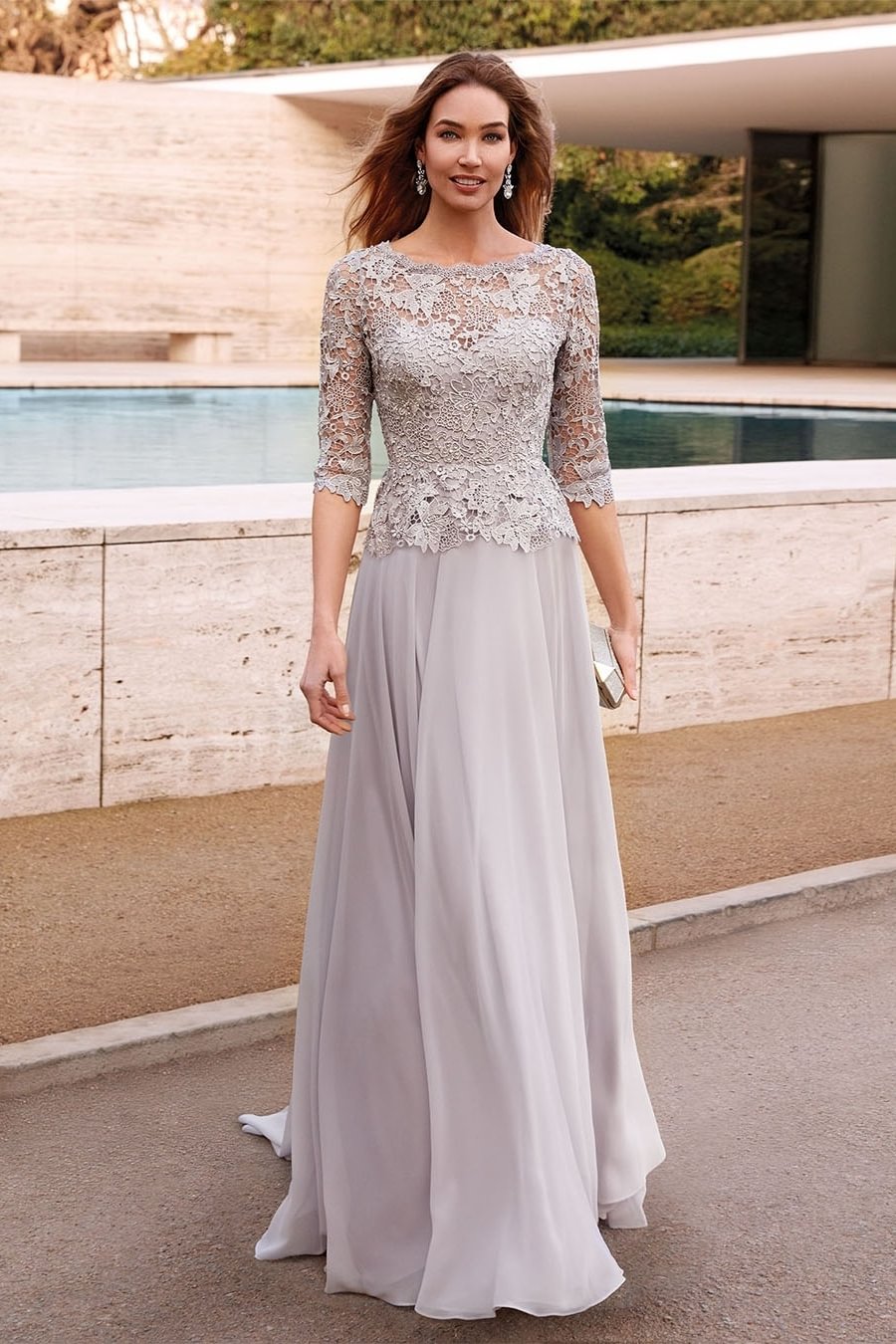 Daisda Silver Long Sleeves Jewel Embroidery Long Prom Dress 