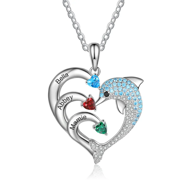 Personalized Heart Dolphin Necklace Custom 3 Birthstones Necklace for Her