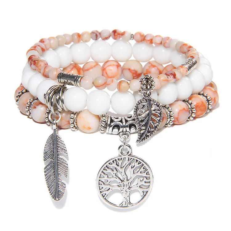 Olivenorma "Nature's Healing Moments" Rose Quartz Tree Of Life 3 Pieces Bracelet Set