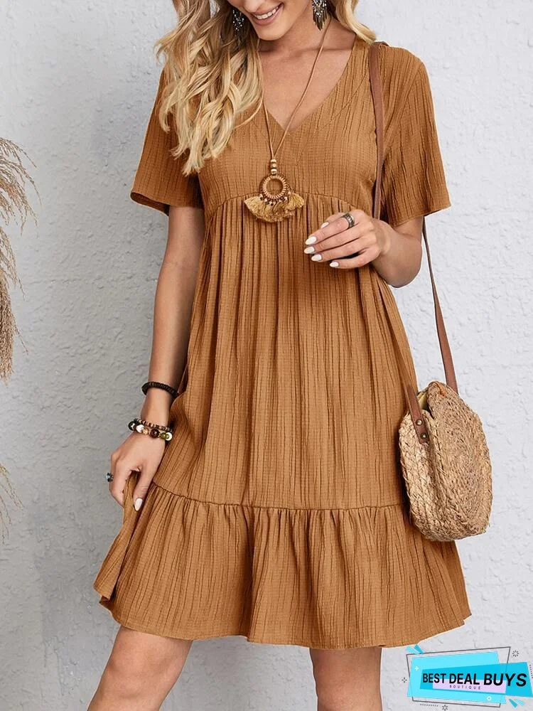 Casual Loose Fashion V-Neck Ruffle Sleeve Hanging Beard Pleated Dress Women's White Dresses