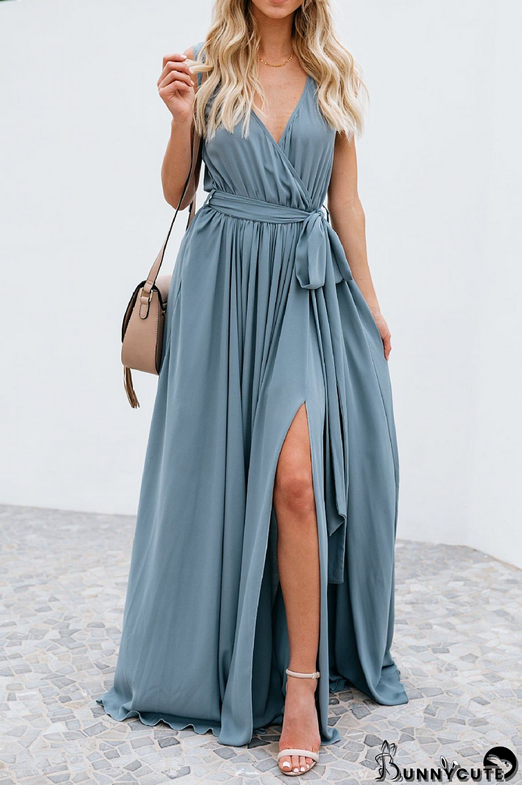 Fashion Solid Bandage Slit V Neck Sleeveless Maxi Dresses(2 Colors)