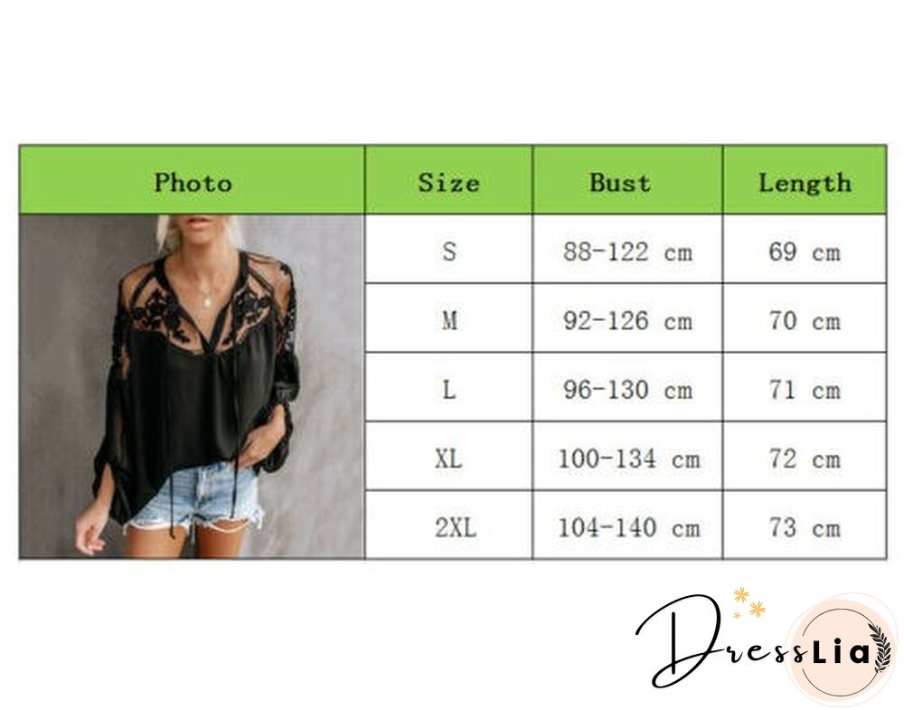 Black Chiffon Lace Panel Women's Mesh Lace Crochet Balloon Sleeve Shirt Loose White