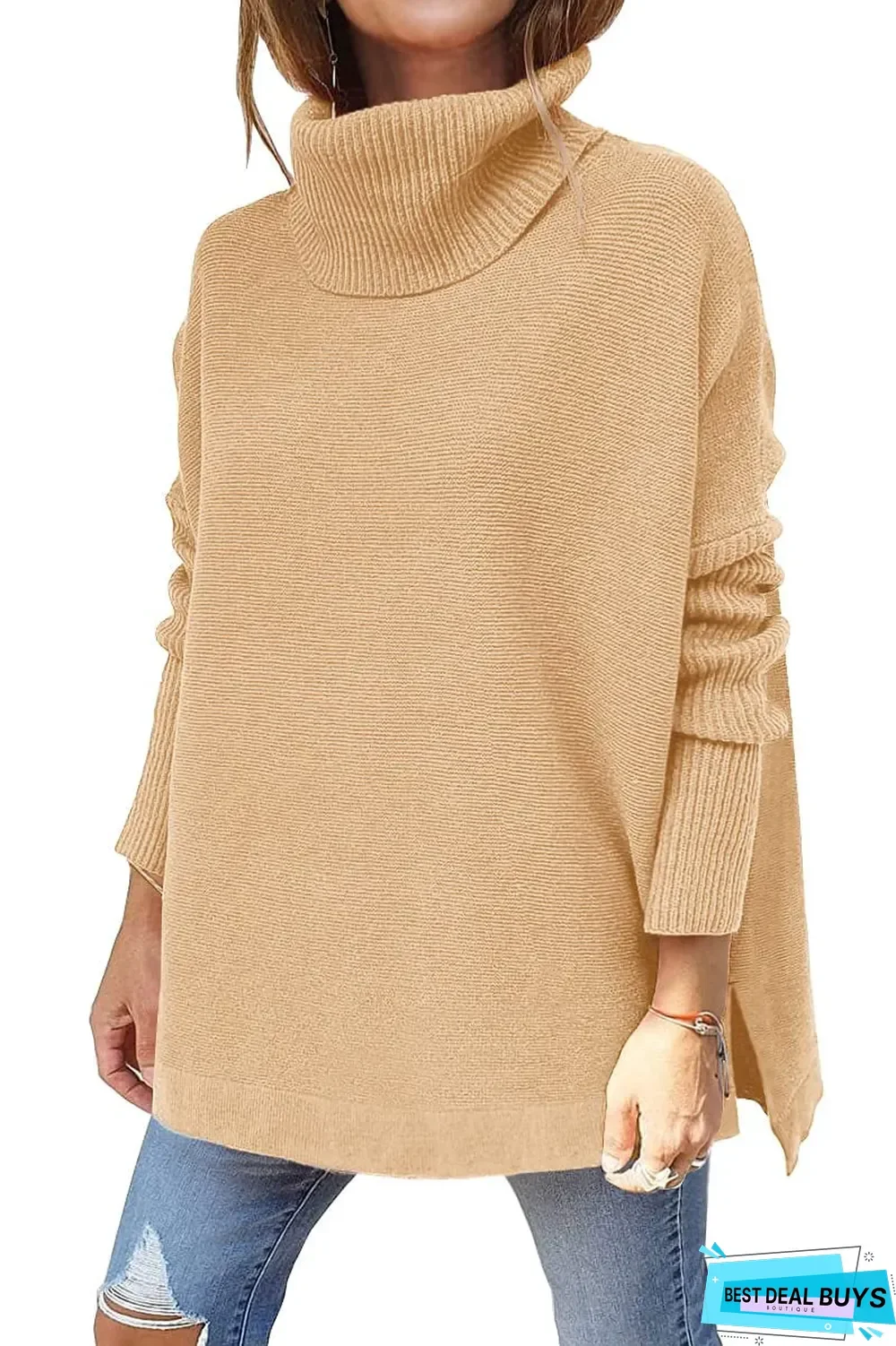 High Neck Bat Wing Sleeve Split Hem Waistband Pullover Sweater