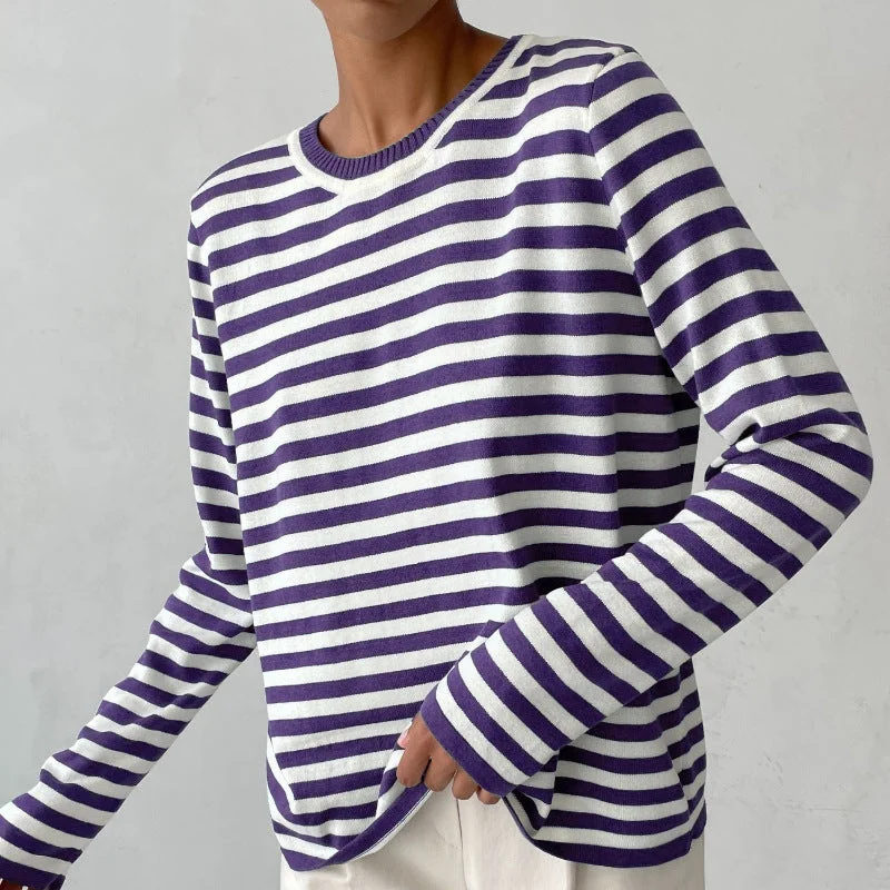 Uveng Knitted Striped Versatile Classic Retro Pullover Sweaters