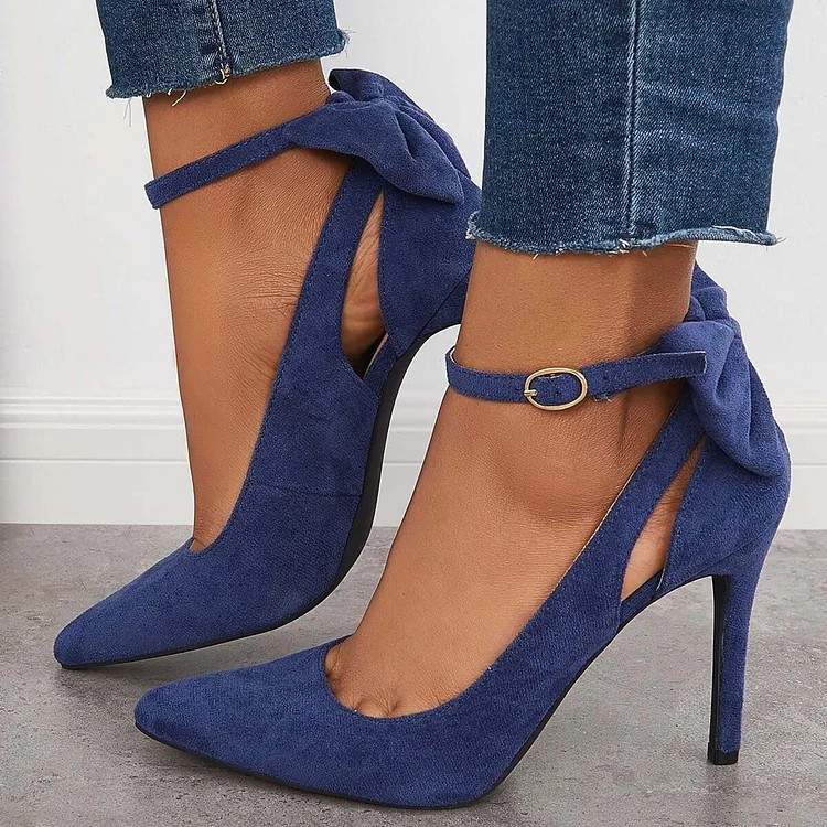 Bowknot Pointed Toe Stiletto Heels Ankle Strap Dress Pumps