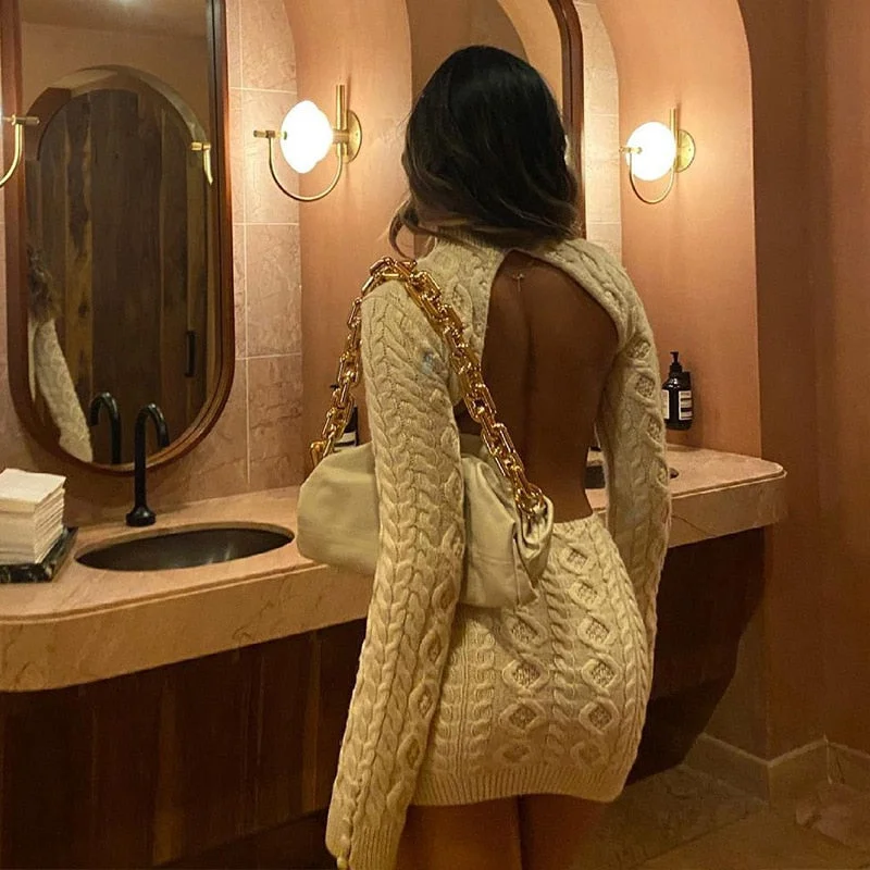 Tossy Backless knitted Dress Long Sleeve Women Autumn Knitwear Mini Dress Sexy High Street Slim Bodycon Dresses 2021