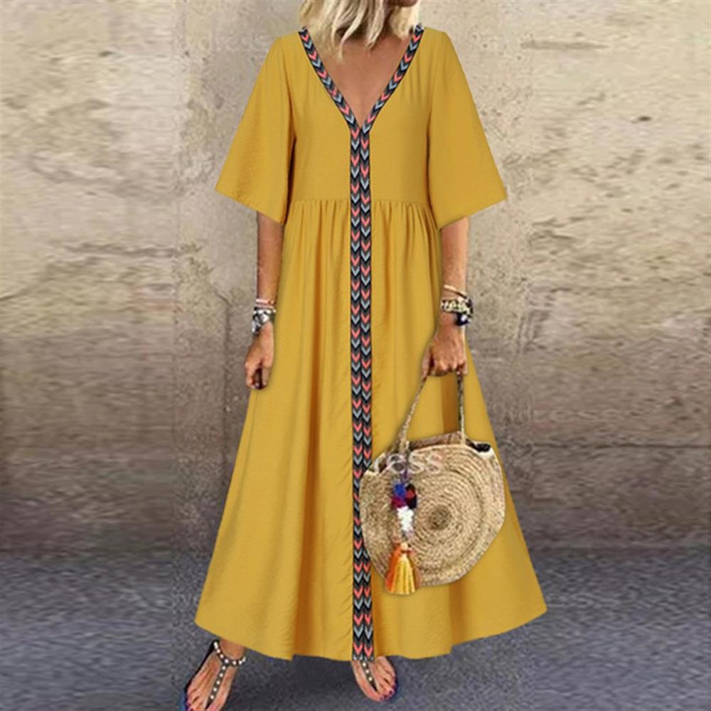 Fashion Solid Color Stitching Casual V-Neck Loose Maxi Dress