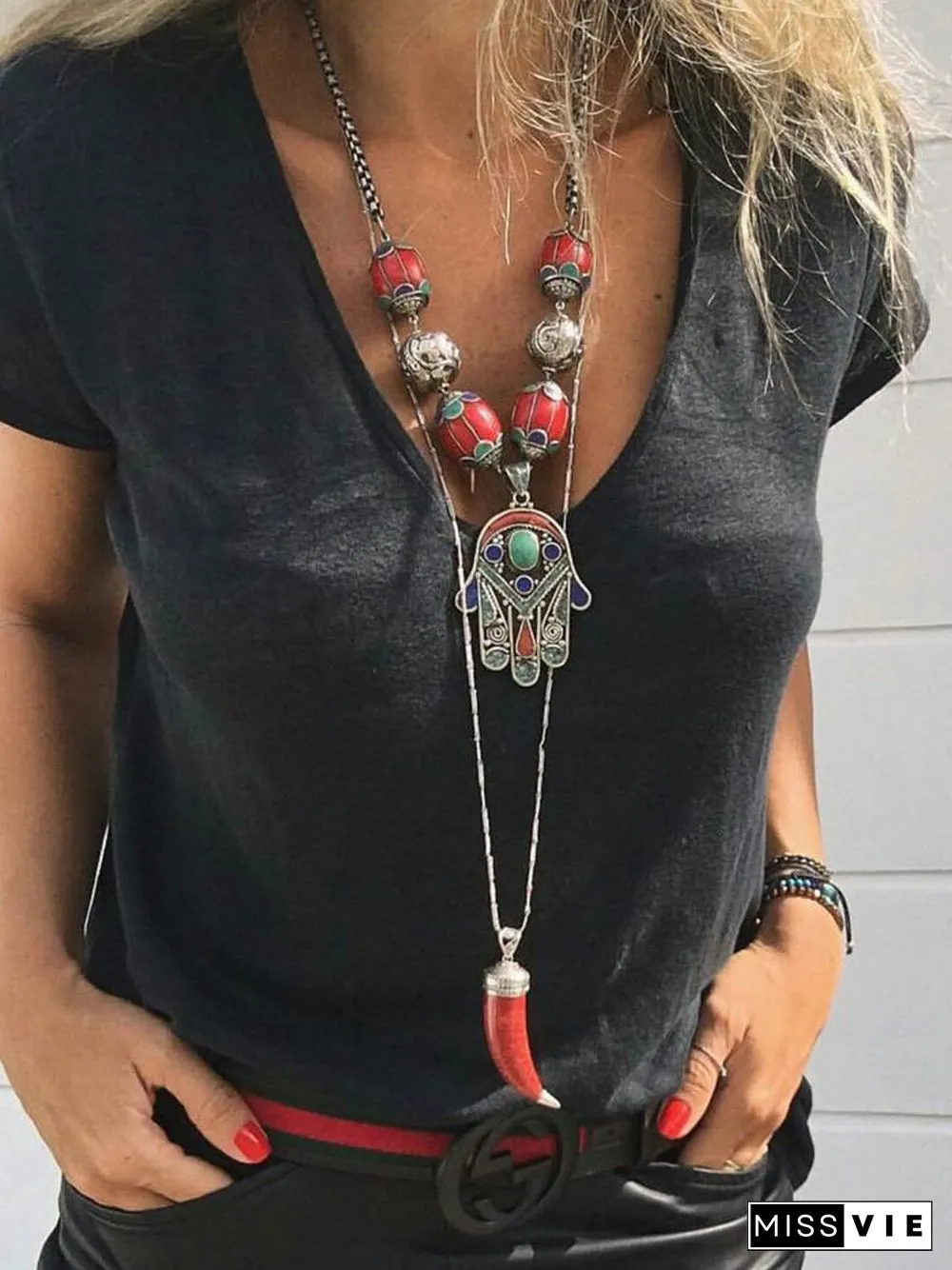 Short Sleeve Cotton V Neck T-shirt
