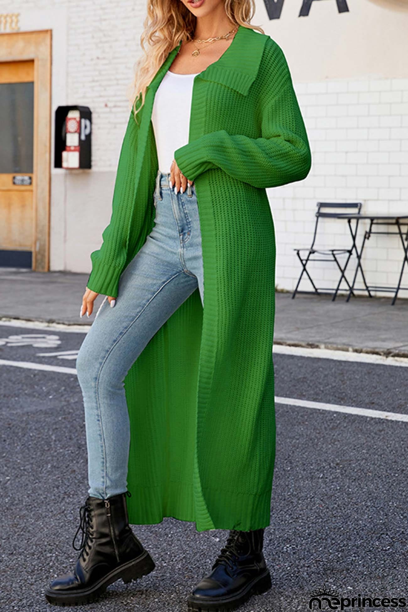 Lapel Ribbed Knit Open Front Cardigan
