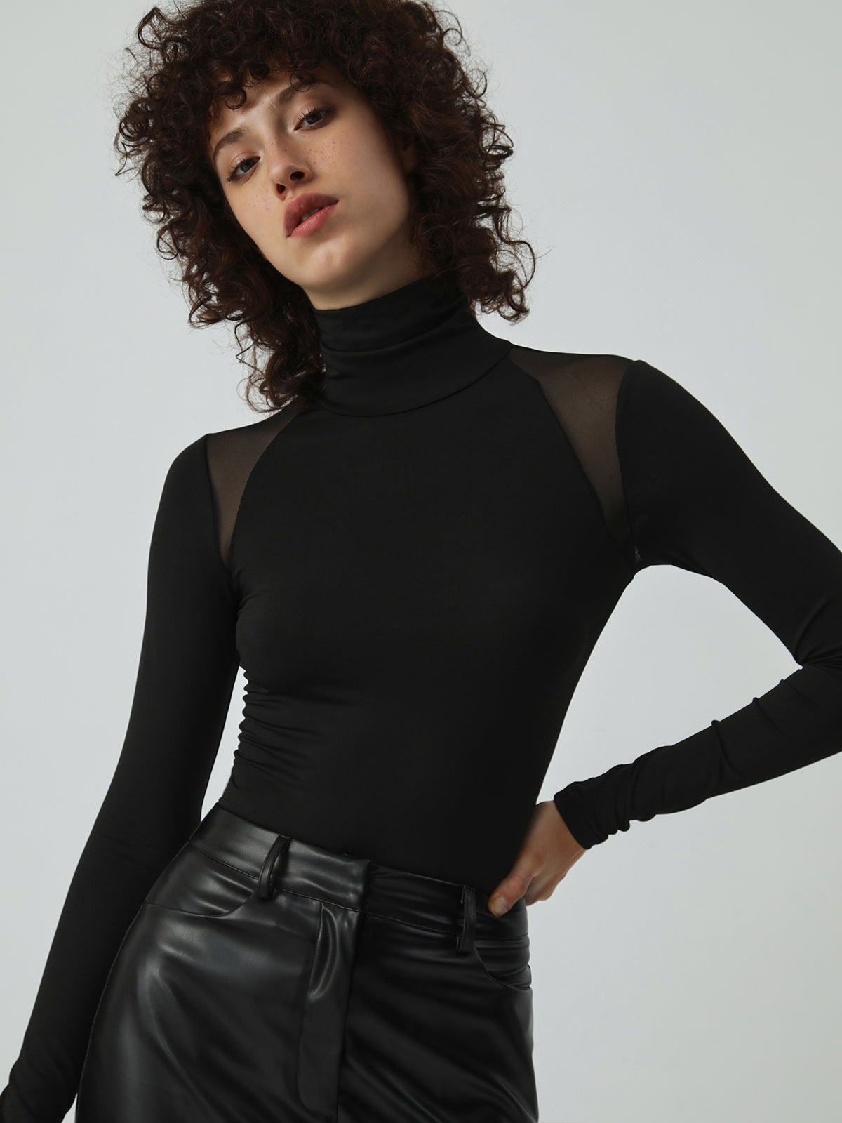 Rotimia Patchwork Mesh Turtleneck Long Sleeve Bodysuit