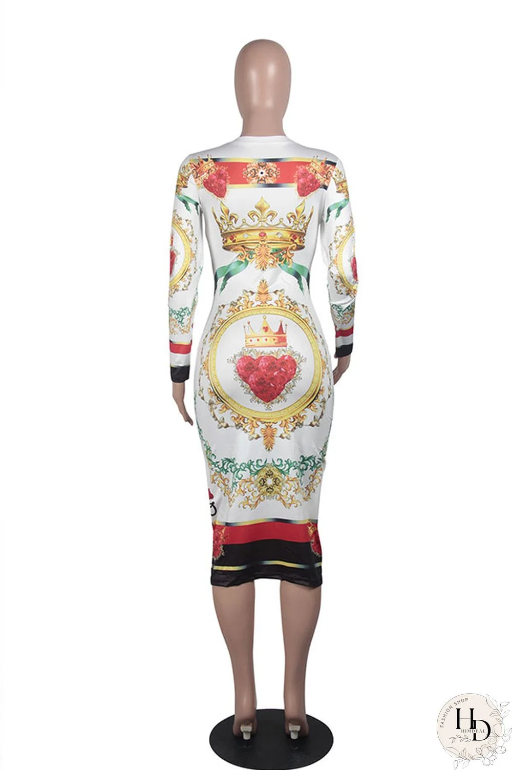 As Show Fashion Long Sleeves O neck Slim Dress Mid-Calf Print Print Dresses