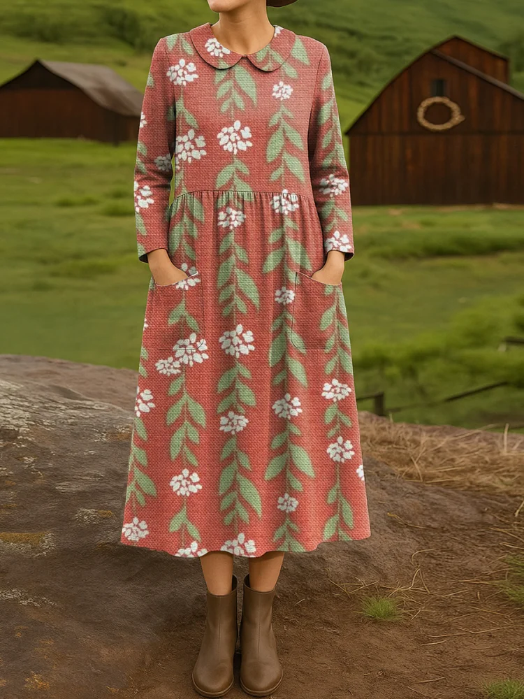 Women's Beautiful Vintage Floral Art Print Cotton Lapel Button-Down Shirt Dress