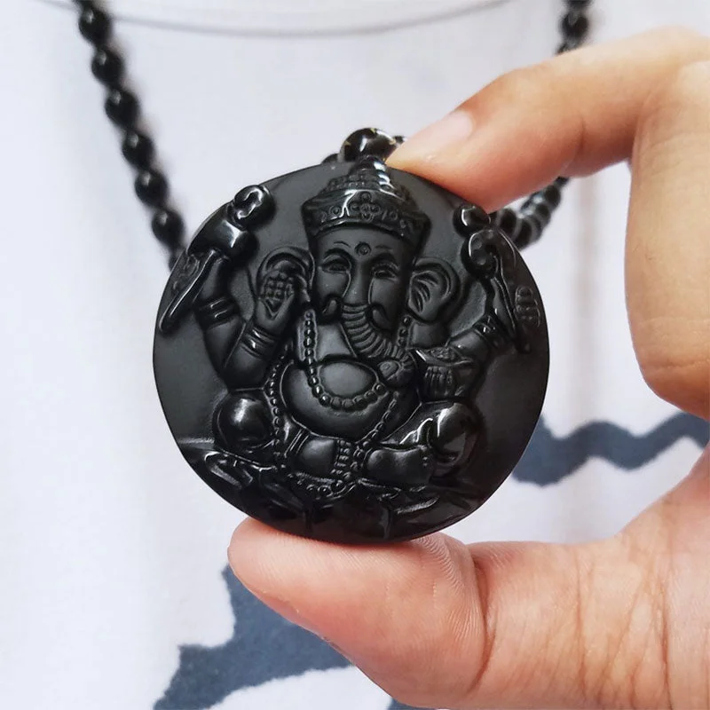 Black Obsidian Ganesh Ganpati Elephant Protection Pendant Necklace