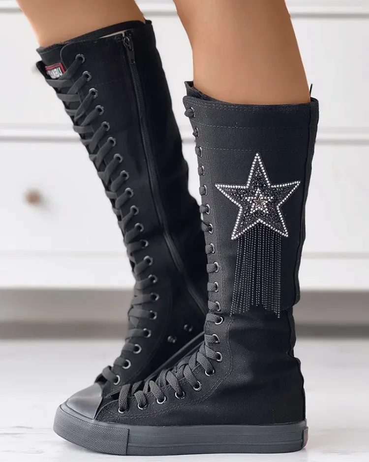 Eyelet Lace-up Tassel Design Canvas Boots  Stunahome.com