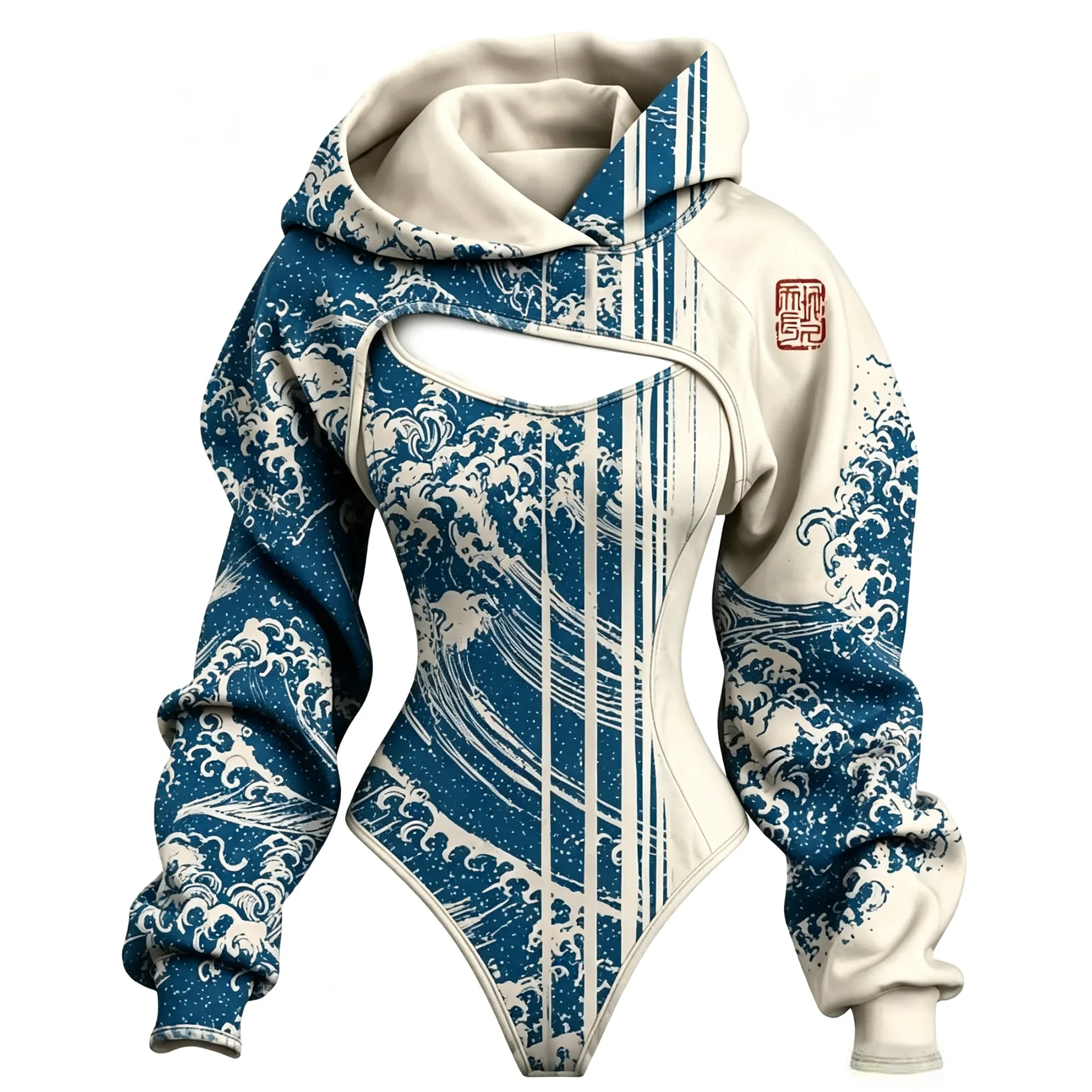 Comstylish Women's Retro Japanese Art Wave Print Hooded Long-sleeved Two-piece Set