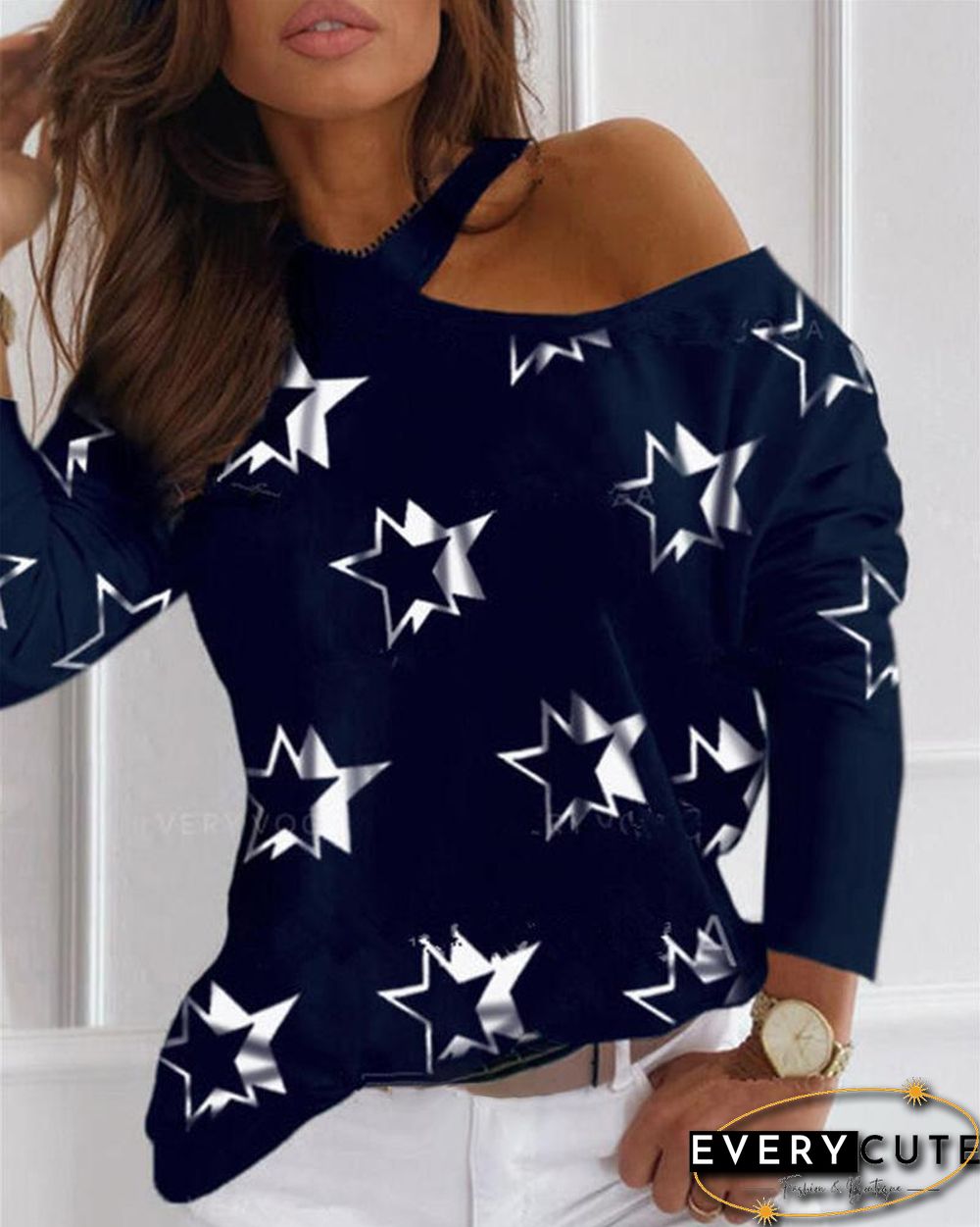 Star Print Cold Shoulder Casual T-shirt P15476