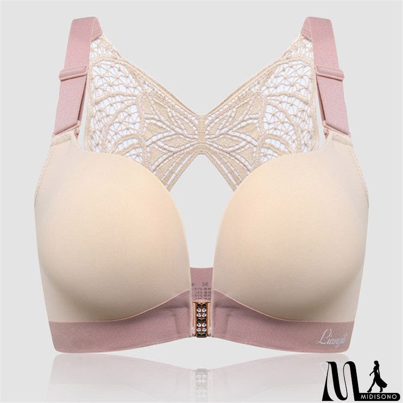 MidiSono - Women's Back Butterfly Embroidered Front Closure Soft Bras - Nude