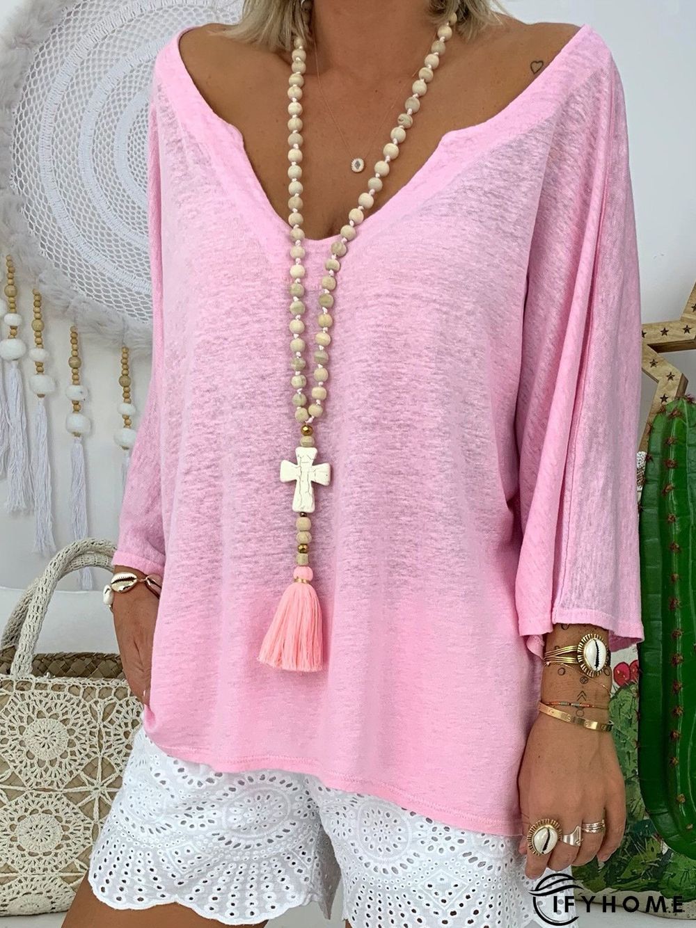 zolucky Casual V NeckSolid Cotton T-shirt | IFYHOME