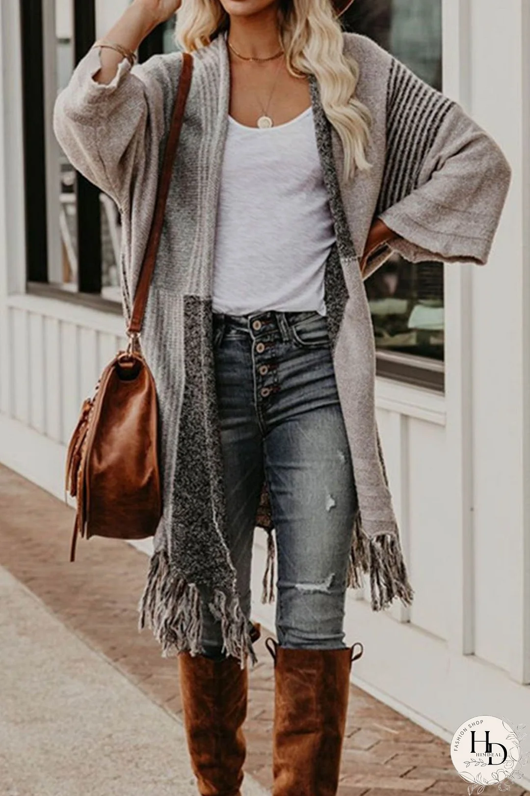 Contrast Fringe Hem Shawl Cardigan