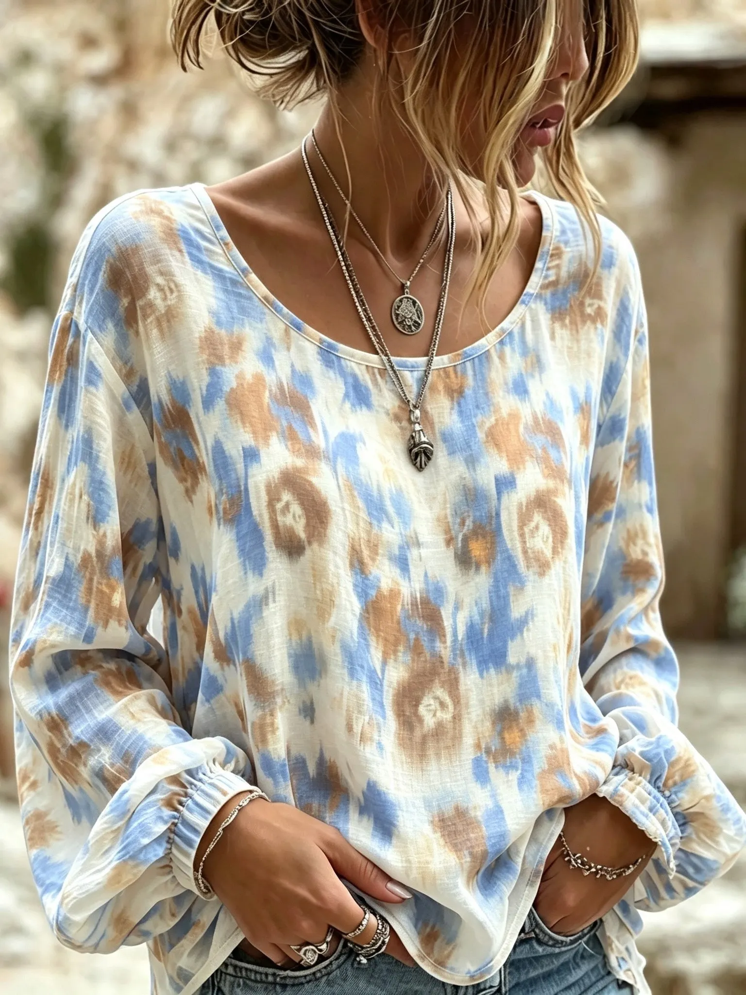 Comstylish Women's Retro Bohemian Floral Print Cotton Linen Top