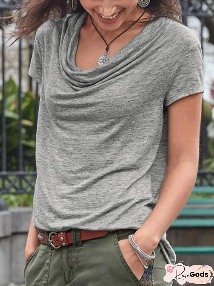 Cowl Neck Short Sleeve Casual Solid Top