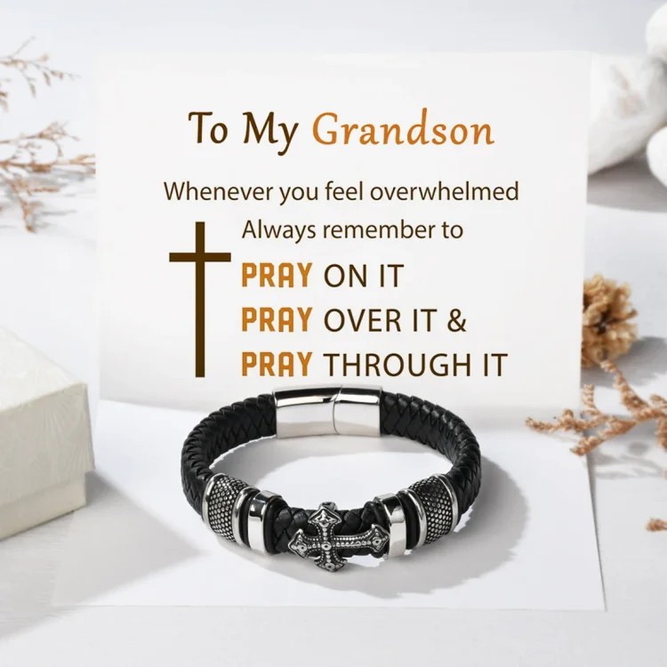 To My Grandson Cross Leather Bracelet Magenetic Bracelet "Pray Through It"