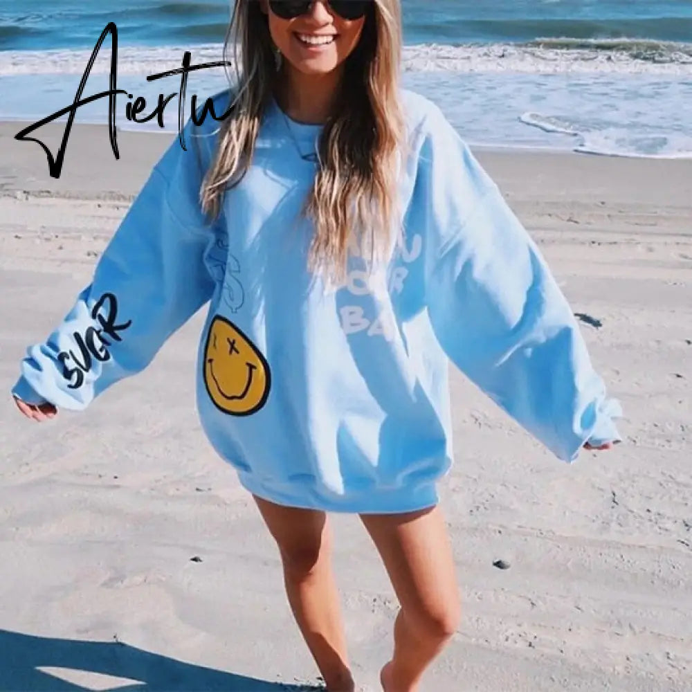 Aiertu Pink Black Letter Print Oversized Crewneck Sweatshirt Women Loose O Neck Long Sleeve Pullover Thin Fashion Tops Spring Fall Aiertu