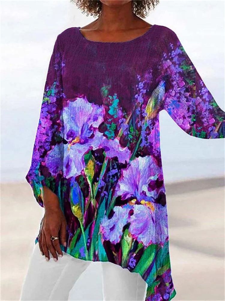 Elegant Purple Irises Art Asymmetric Flowy Tunic
