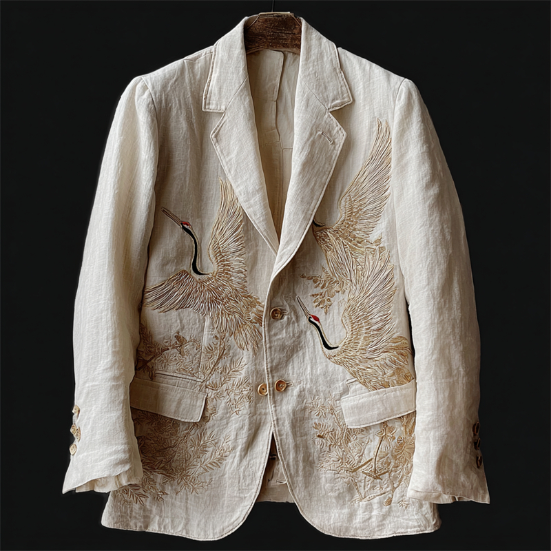 Men's Japanese Cranes Embroidered Casual Blazer  artssus