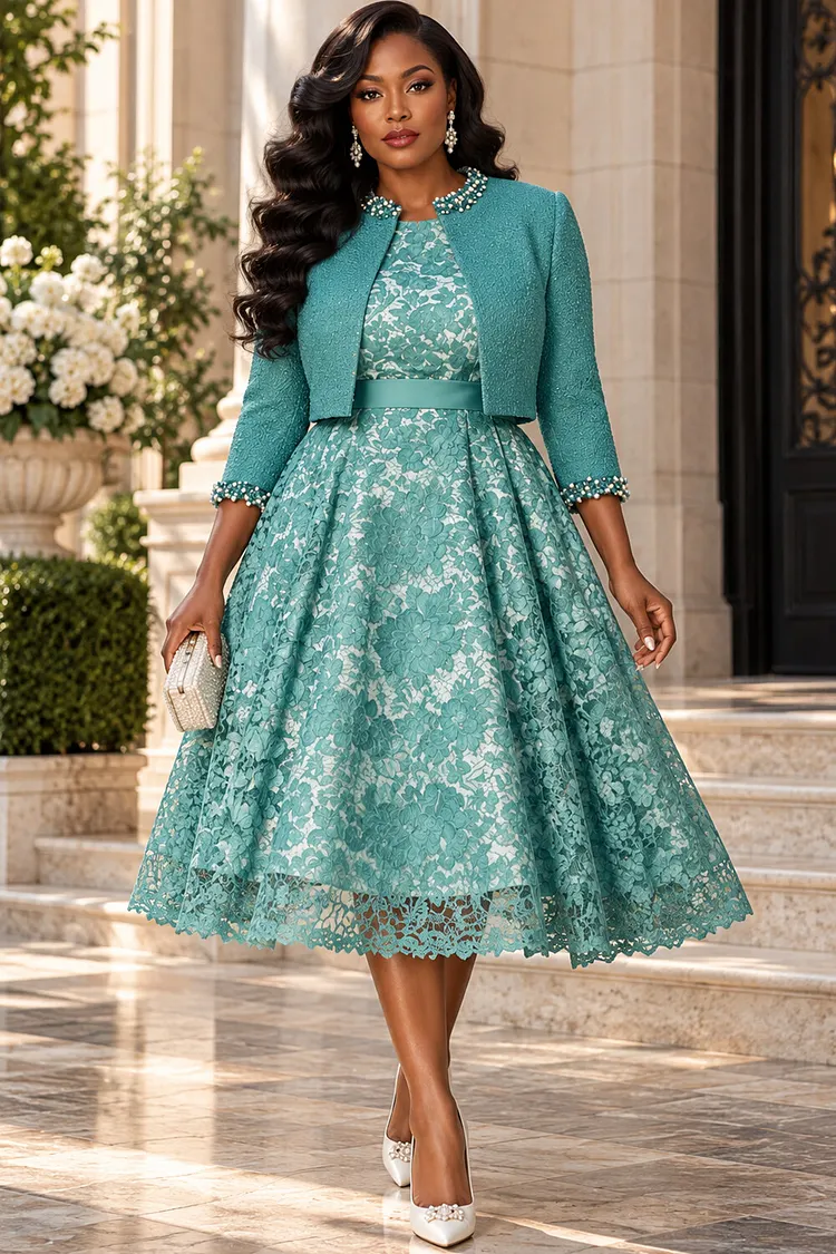 Xpluswear Design Plus Size Churchs Green Round Neck 3/4 Sleeve Pearls Lace Two Piece Dress Set [Pre-Order] 2024 - Xpluswear