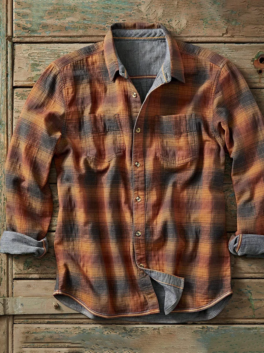 Men's Casual Orange Plaid Long Sleeve Cotton Linen Shirt
