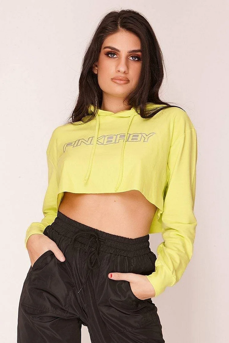 Green Slogan Cropped Hoodie Katch Me
