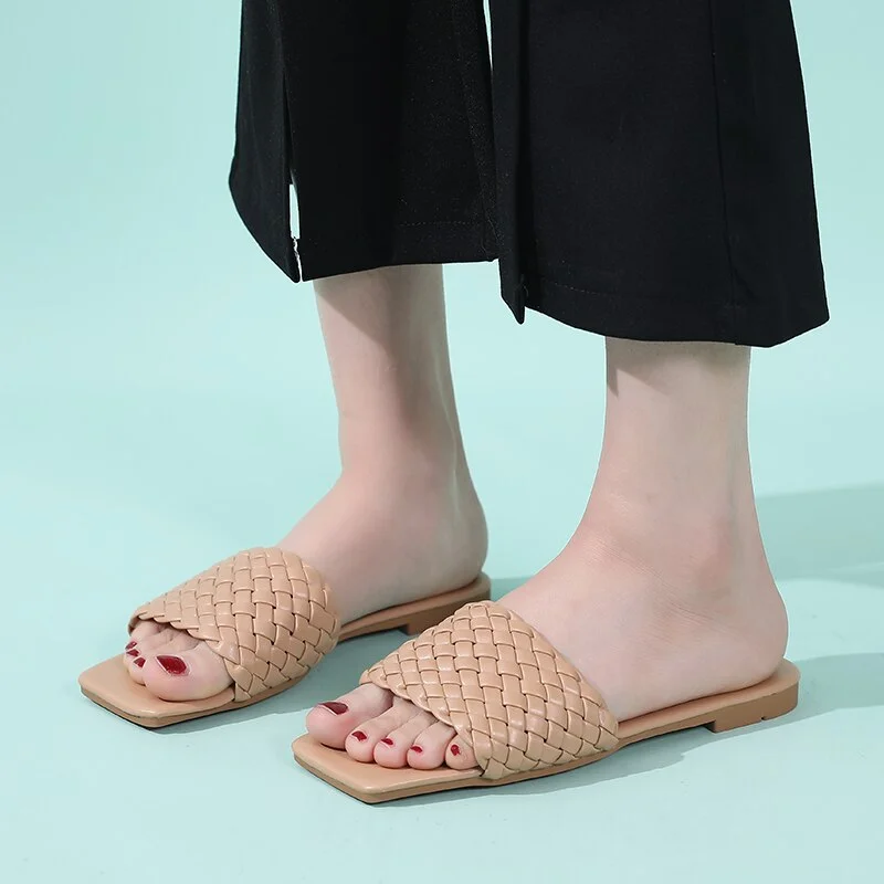 Women Indoor Slippers Fashion Braided Design Comfortable Square Head Open-toe Vacation Beach Flat Sandals Casual Flip Flops