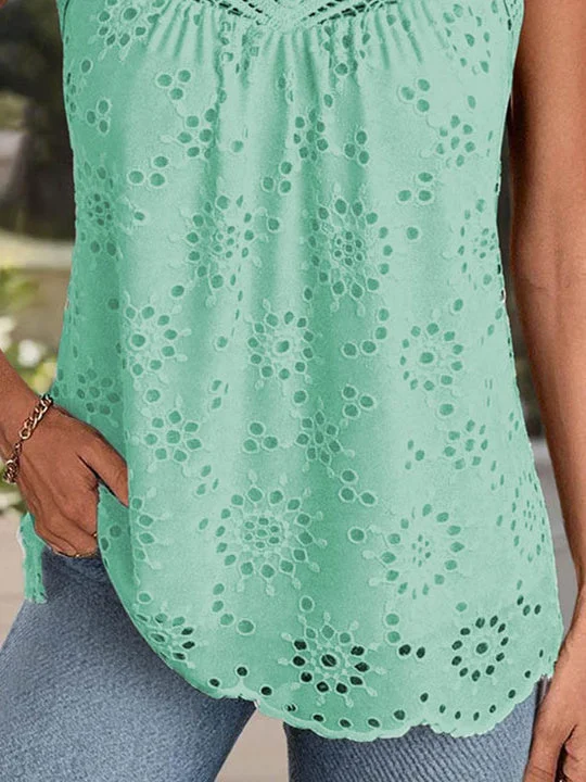 Women Sleeveless Scoop Neck Solid Lace Tops