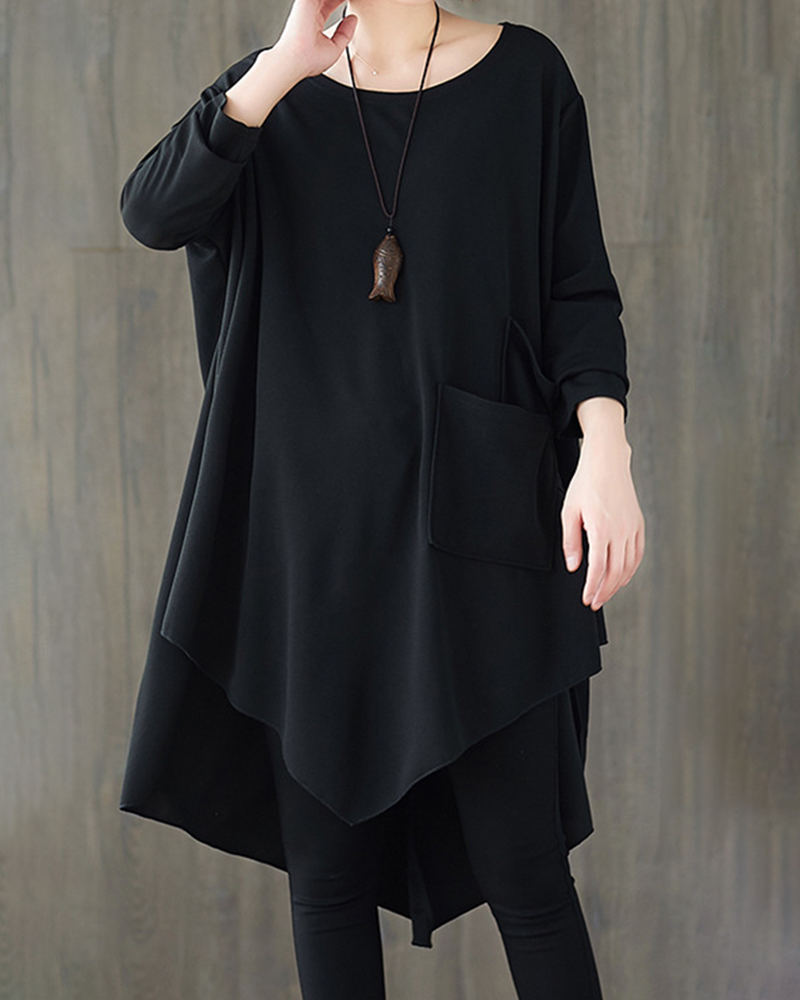 Asymmetric Hem Long Sleeve Solid Color Loose Top