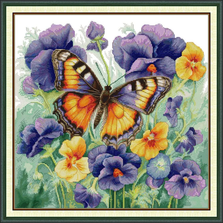 Joy Sunday-Butterfly And Pansy- 14CT - 2 Strands Threads Printed cross stitch - 48*48cm(Canvas)